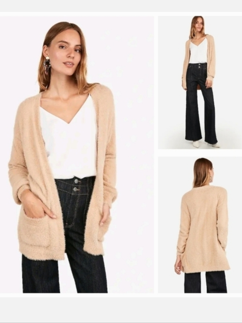 Express Camel Colored Fuzzy Balloon Sleeve Open Front Cardigan Women's Small